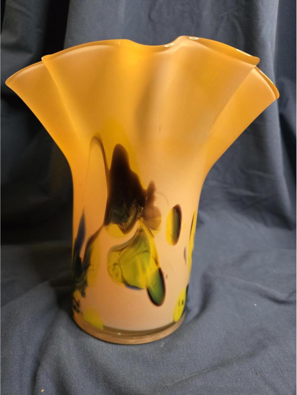 Vintage Murano Style Handkerchief Art Glass Vase Orange Green Ruffled Hand Blown